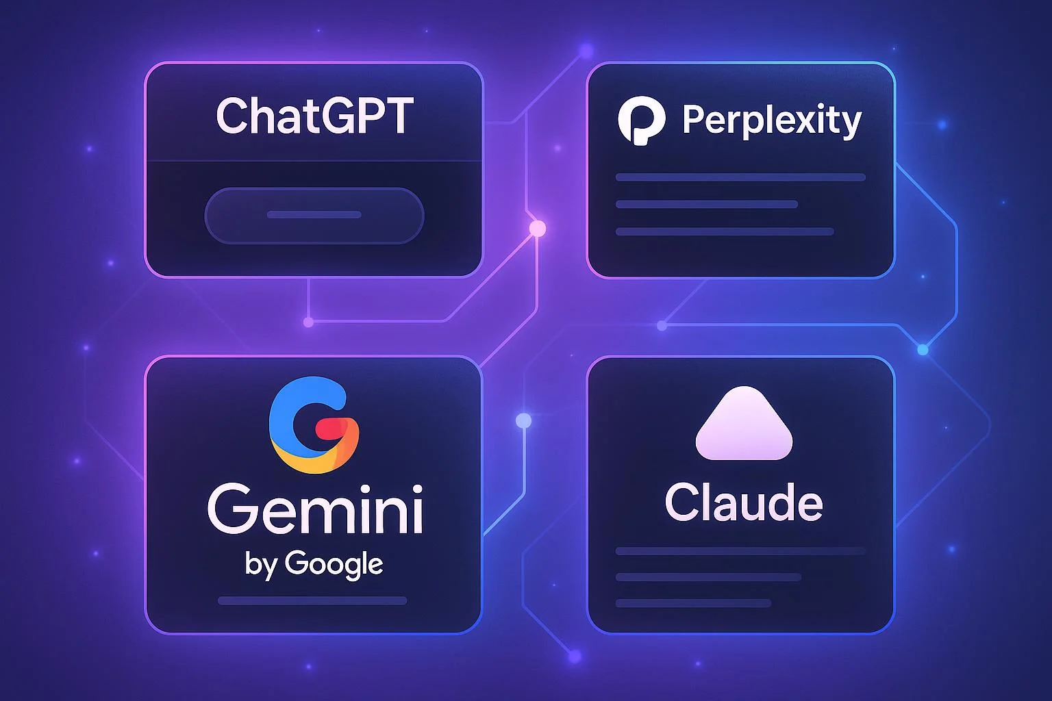 Comparison chart showing the five major AI search platforms - ChatGPT, Google AI Overviews, Perplexity AI, Microsoft Copilot, and Claude - with their key features and optimization requirements displayed in a visual dashboard